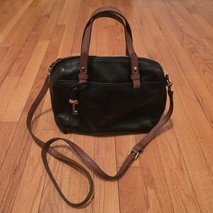 Fossil Black and Brown Satchel With Gold Metal Key Bag Chain